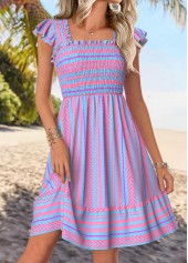 Purple Striped Short Frill Square Neck Dress