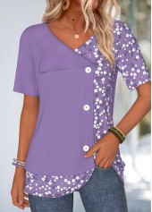 Purple Ditsy Floral Print Fake 2in1 T Shirt