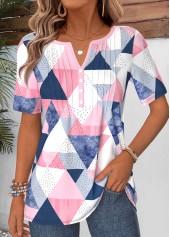 Pink Geometric Print Curved Hem Short Sleeve T Shirt