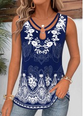 Navy Geometric Print Curved Hem Sleeveless Tank Top
