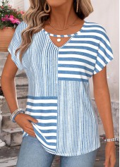 Blue Striped Cut Out Short Sleeve T Shirt