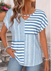 Blue Striped Cut Out Short Sleeve T Shirt | thumb picture 