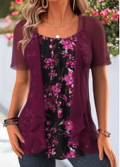Purple Floral Print Two-piece Cardigan and Tank Top