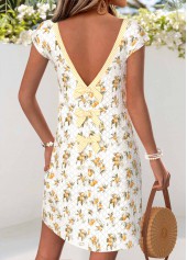 Multi Color Floral Print Short Bowknot V Neck Dress
