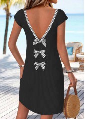 Black Plaid Short Bowknot V Neck Dress