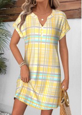 Yellow Plaid Short Tummy Coverage Split Neck Dress