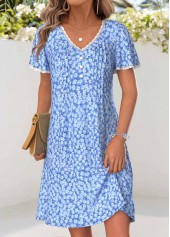 Blue Ditsy Floral Print Short Tuck Stitch Dress