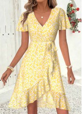 Light Yellow Floral Print Short Layered V Neck Dress