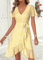 Light Yellow Floral Print Short Layered V Neck Dress | thumb picture 