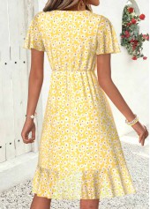 Light Yellow Floral Print Short Layered V Neck Dress | thumb picture 