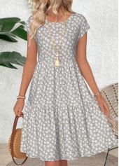 Light Grey Ditsy Floral Print Shirred Short Sleeve Dress