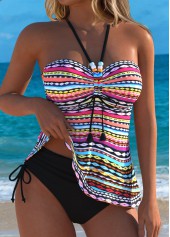 Multi Color Mid Waisted Lace Up Striped Tankini Set | thumb picture 