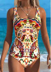 Beige Pull On Bohemian Print One Piece Swimwear