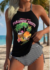 Black Mid Waisted Tropical Plants Print Tankini Set