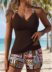 Dark Coffee Mid Waisted Tummy Coverage Patchwork Tankini Set