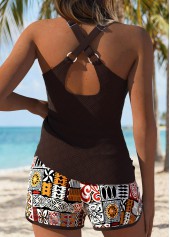 Dark Coffee Mid Waisted Tummy Coverage Patchwork Tankini Set | thumb picture 