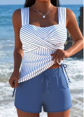 Dusty Blue Mid Waisted Wrap Striped Tankini Set