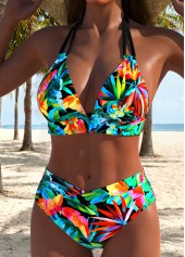Multi Color Mid Waisted Tropical Plants Print Bikini Set | thumb picture 