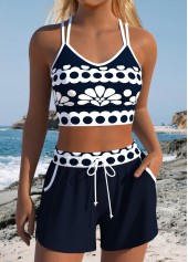 Navy Mid Waisted Layered Geometric Print Bikini Set