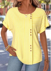 Yellow Striped Button Short Sleeve Boat Neck T Shirt | thumb picture 