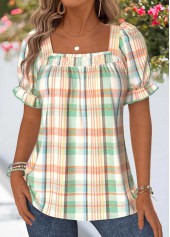 Multi Color Plaid Curved Hem Short Sleeve T Shirt