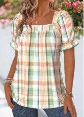 Multi Color Plaid Curved Hem Short Sleeve T Shirt | thumb picture 