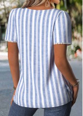 Blue Striped Pleated Short Sleeve Square Neck T Shirt | thumb picture 