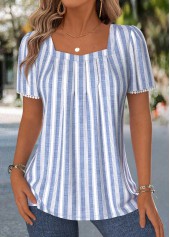 Blue Striped Pleated Short Sleeve Square Neck T Shirt