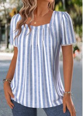 Blue Striped Pleated Short Sleeve Square Neck T Shirt | thumb picture 