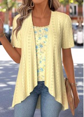Yellow Floral Print Short Sleeve Fake Two Piece Twinset
