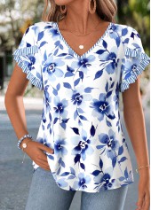 Blue Floral Print Curved Hem Short Sleeve T Shirt | thumb picture 