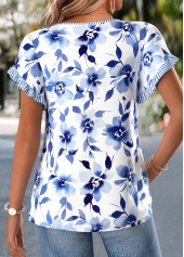 Blue Floral Print Curved Hem Short Sleeve T Shirt | thumb picture 