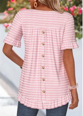 Pink Striped Frill Short Sleeve Round Neck T Shirt