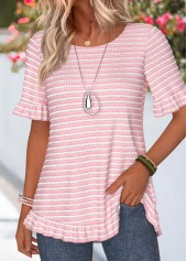 Pink Striped Frill Short Sleeve Round Neck T Shirt | thumb picture 
