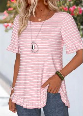 Pink Striped Frill Short Sleeve Round Neck T Shirt | thumb picture 