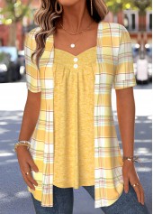 Yellow Plaid Curved Hem Fake Two Piece Twinset