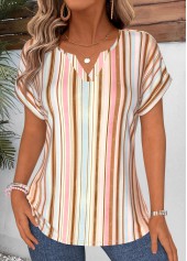 Multi Color Striped Tummy Coverage Short Sleeve T Shirt