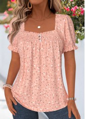 Dusty Pink Ditsy Floral Print Smocked Short Sleeve Blouse