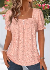 Dusty Pink Ditsy Floral Print Smocked Short Sleeve Blouse | thumb picture 