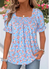 Light Blue Ditsy Floral Print Smocked Short Sleeve Blouse