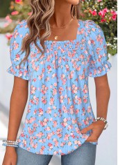 Light Blue Ditsy Floral Print Smocked Short Sleeve Blouse | thumb picture 