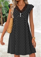 Black Polka Dot Short Shirred V Neck Dress