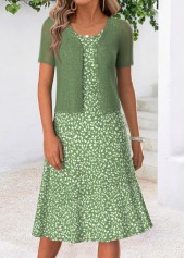 Green Ditsy Floral Print Tuck Stitch Dress and Cardigan