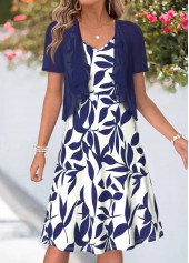 Navy Leaf Print Two-piece Short Sleeve Dress and Cardigan