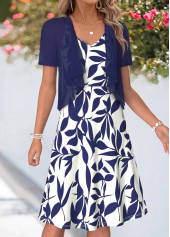Navy Leaf Print Two-piece Short Sleeve Dress and Cardigan | thumb picture 