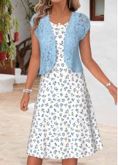 Light Blue Ditsy Floral Print Two-piece Dress and Cardigan