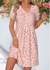 Light Pink Ditsy Floral Print Short Tuck Stitch Dress | thumb picture 