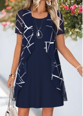 Navy Geometric Print Short Two-piece Dress and Cardigan