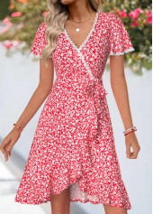 Red Ditsy Floral Print Short Surplice V Neck Dress | thumb picture 