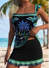 Black Mid Waisted Tropical Plants Print Tankini Set | thumb picture 